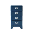Blue four-drawer cabinet with metal handles on a white background