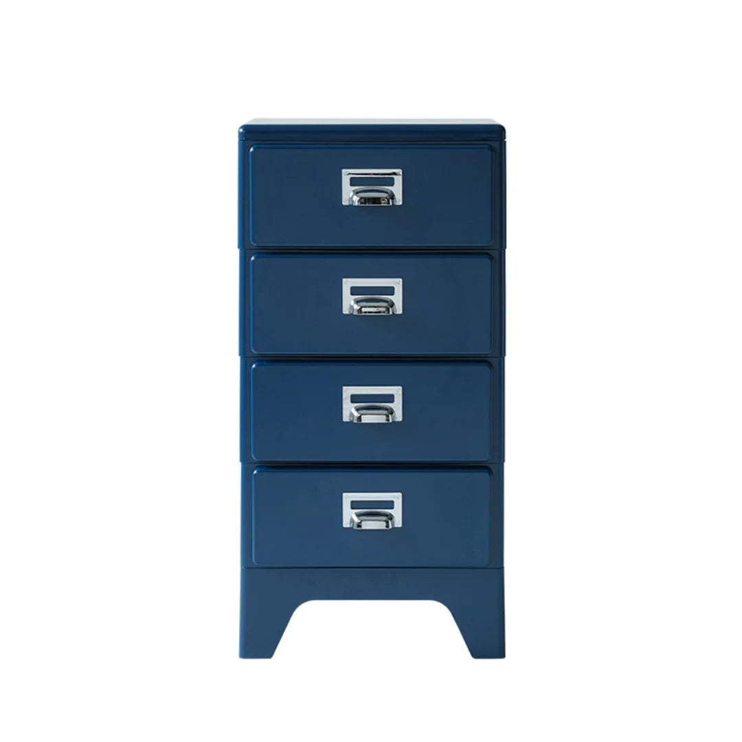 Blue four-drawer cabinet with metal handles on a white background