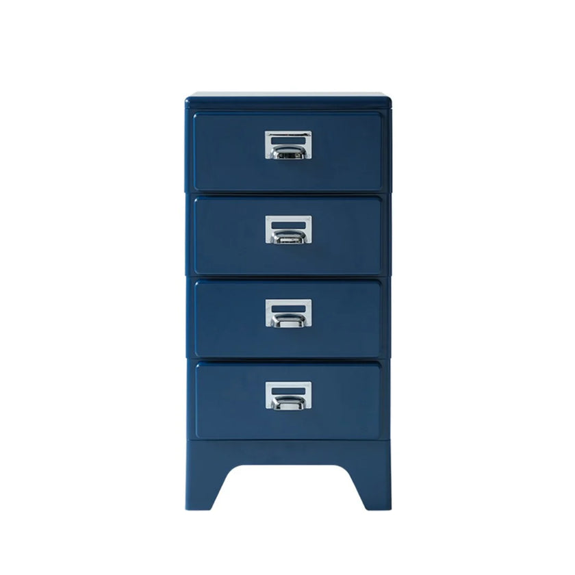 Blue four-drawer cabinet with metal handles on a white background