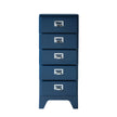 Blue metal file cabinet with multiple drawers on a white background