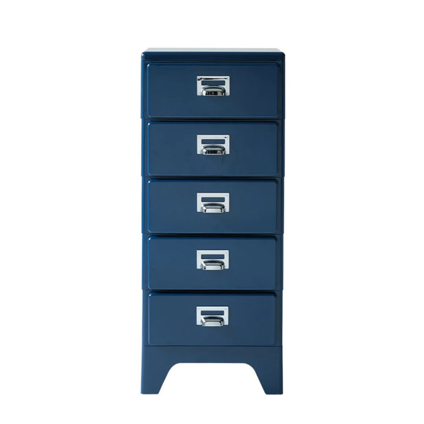 Blue metal file cabinet with multiple drawers on a white background