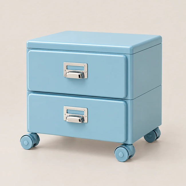 A light blue two-drawer rolling file cabinet with silver metal drawer pulls and blue casters, shown on a plain beige background.