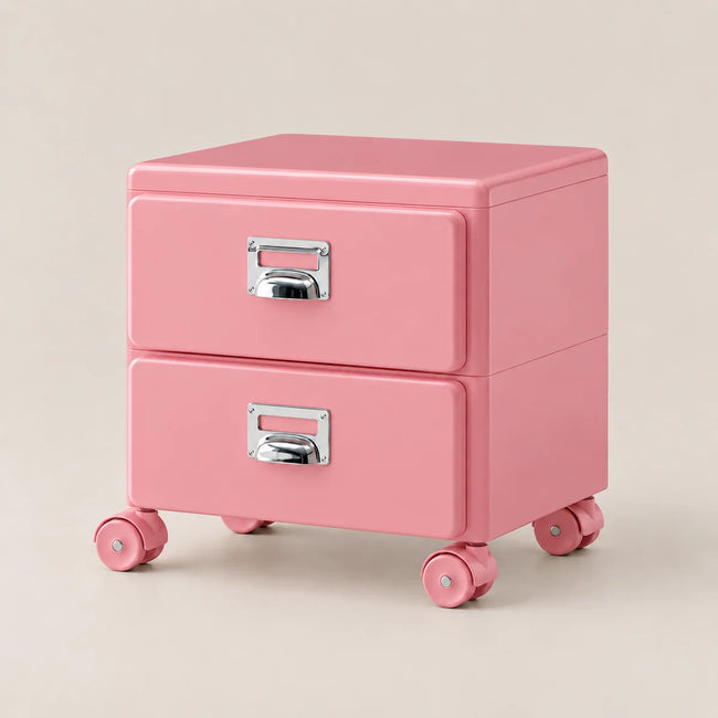 A pink two-drawer rolling file cabinet with silver handles and pink wheels, shown on a light beige background.
