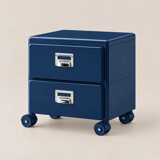 A navy blue two-drawer rolling file cabinet with silver metal handles and matching blue wheels, shown on a light beige background.