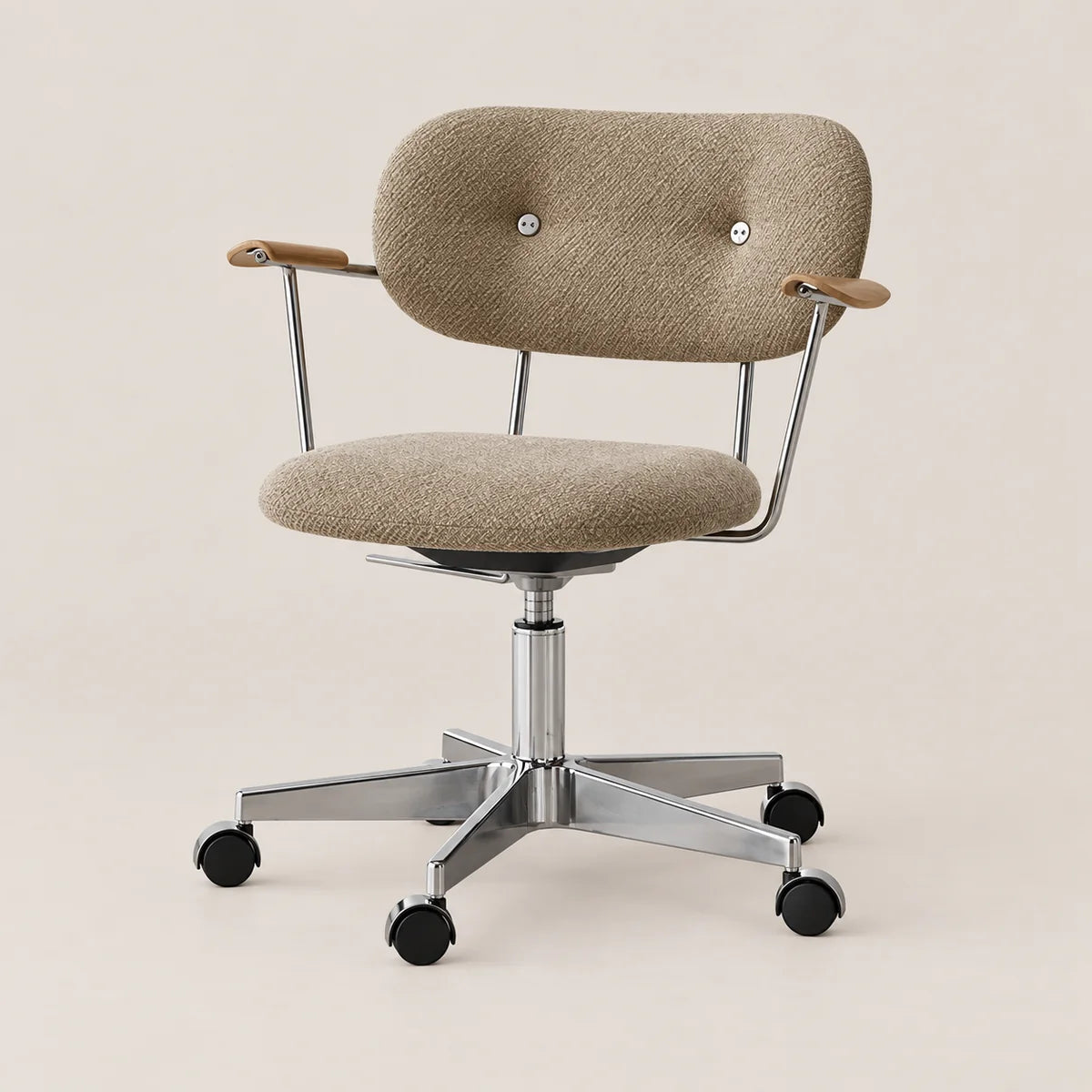 A modern office chair with a textured beige fabric upholstered seat and backrest, featuring a tufted backrest, wooden armrests, and a chrome five-star base with black casters, set against a solid light beige background.