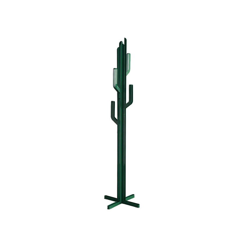 Green cactus-shaped coat rack on a white background