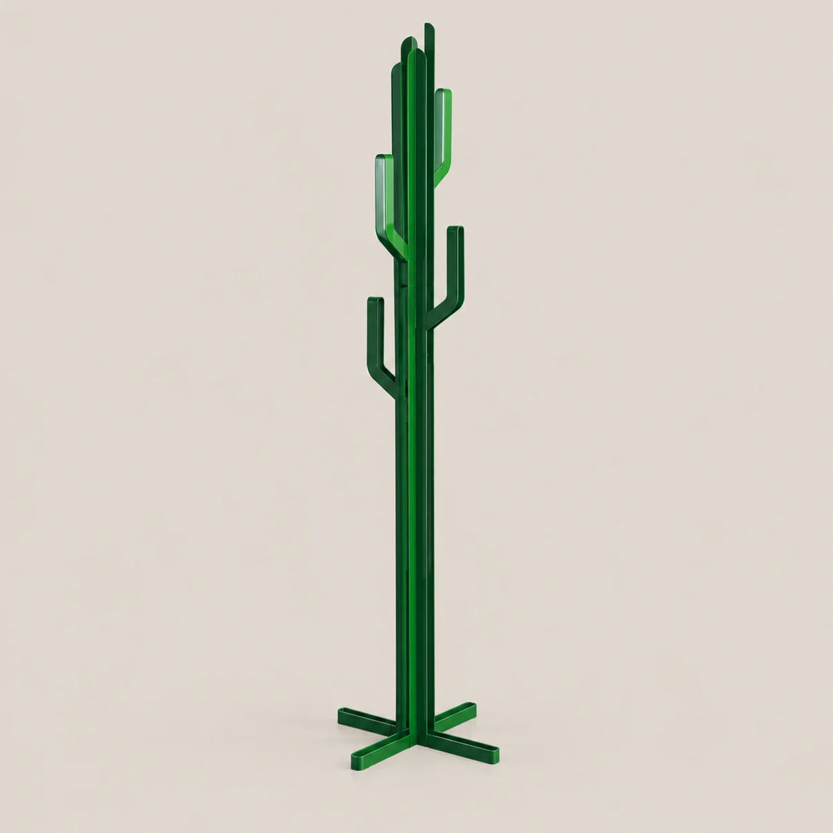 A modern cactus-shaped coat rack made of glossy green metal, featuring a vertical trunk with branching arms and a four-legged base, shown against a solid light beige background.