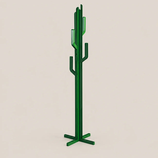 A modern cactus-shaped coat rack made of glossy green metal, featuring a vertical trunk with branching arms and a four-legged base, shown against a solid light beige background.