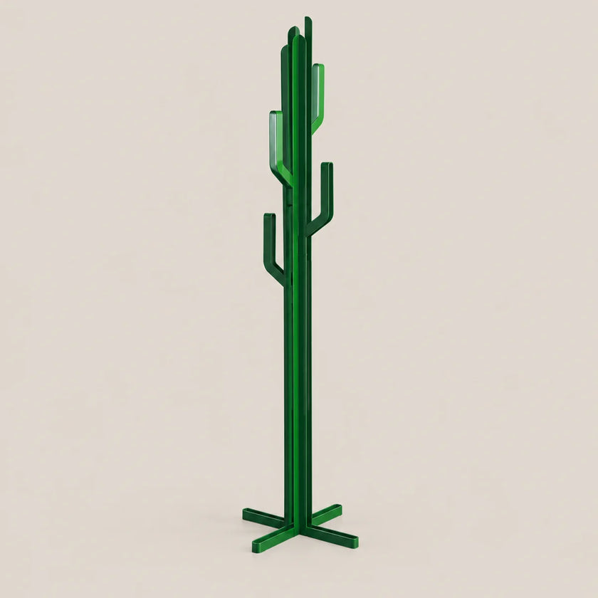 A modern cactus-shaped coat rack made of glossy green metal, featuring a vertical trunk with branching arms and a four-legged base, shown against a solid light beige background.