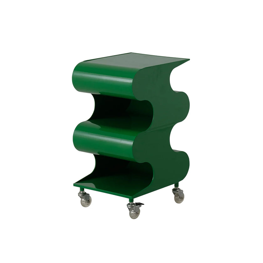 green wavy side table on wheels with a white background