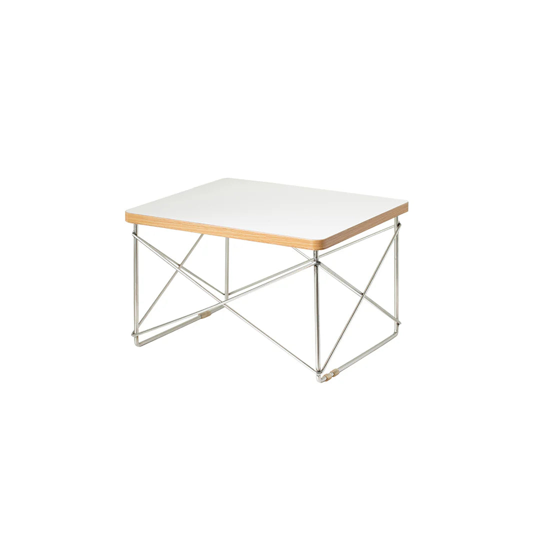 Small table with white top and wooden sides on a white background