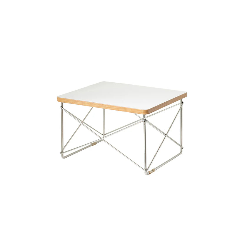 Small table with white top and wooden sides on a white background