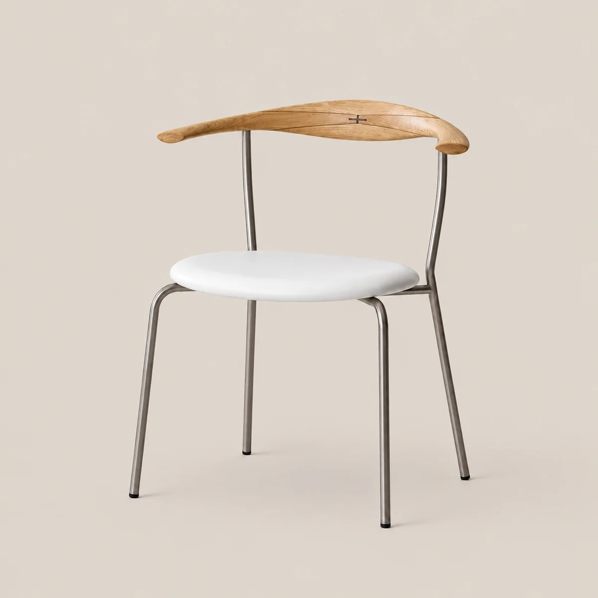 A modern dining chair featuring a curved natural wood backrest, a white upholstered seat, and slim metallic legs, set against a solid beige background.