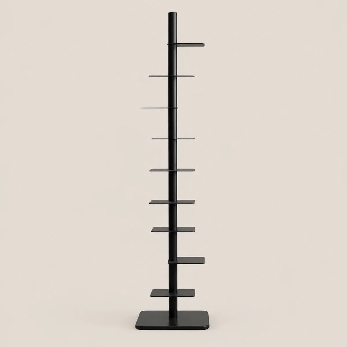 A black metal display stand with a single vertical pole, eight horizontal shelves, and a square base, shown against a solid light beige background.