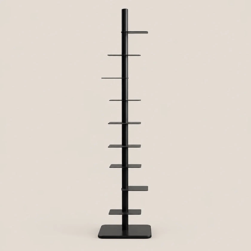 A black metal display stand with a single vertical pole, eight horizontal shelves, and a square base, shown against a solid light beige background.