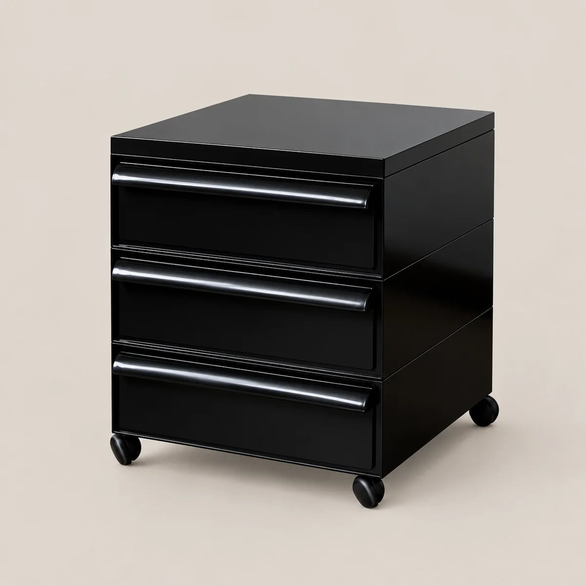 A black three-drawer rolling storage cabinet with a glossy finish and casters, shown on a solid beige background.