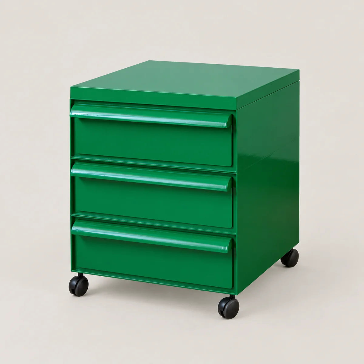 A bright green three-drawer rolling storage cabinet with black caster wheels, shown on a plain light beige studio background.