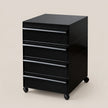 A black 4-drawer rolling file cabinet with a glossy finish and casters, shown on a solid beige background.