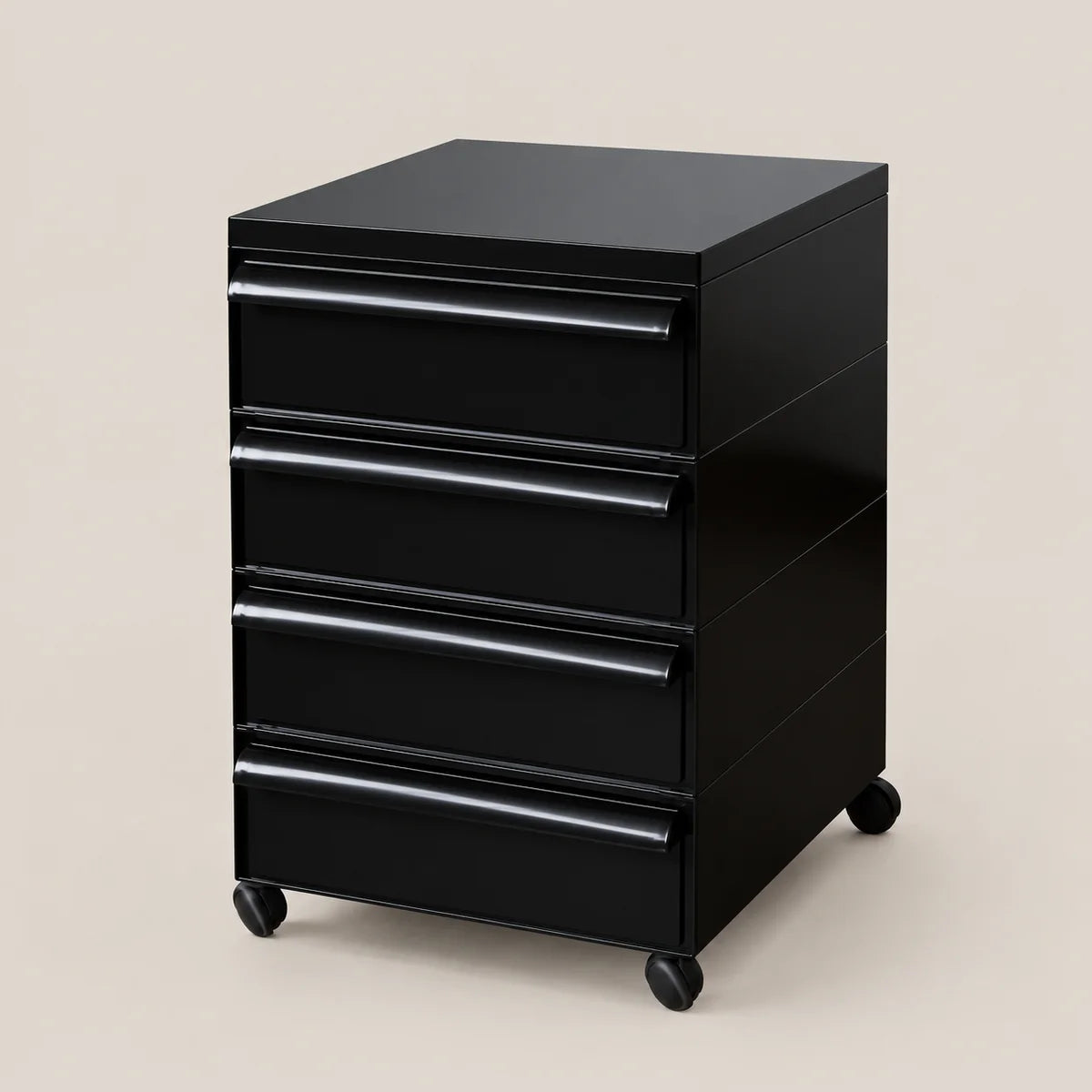 A black 4-drawer rolling file cabinet with a glossy finish and casters, shown on a solid beige background.