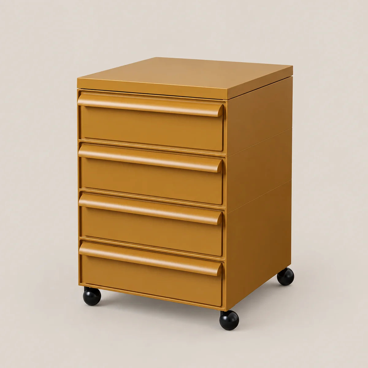 A mustard yellow five-drawer rolling file cabinet with black caster wheels, shown on a solid light beige background.