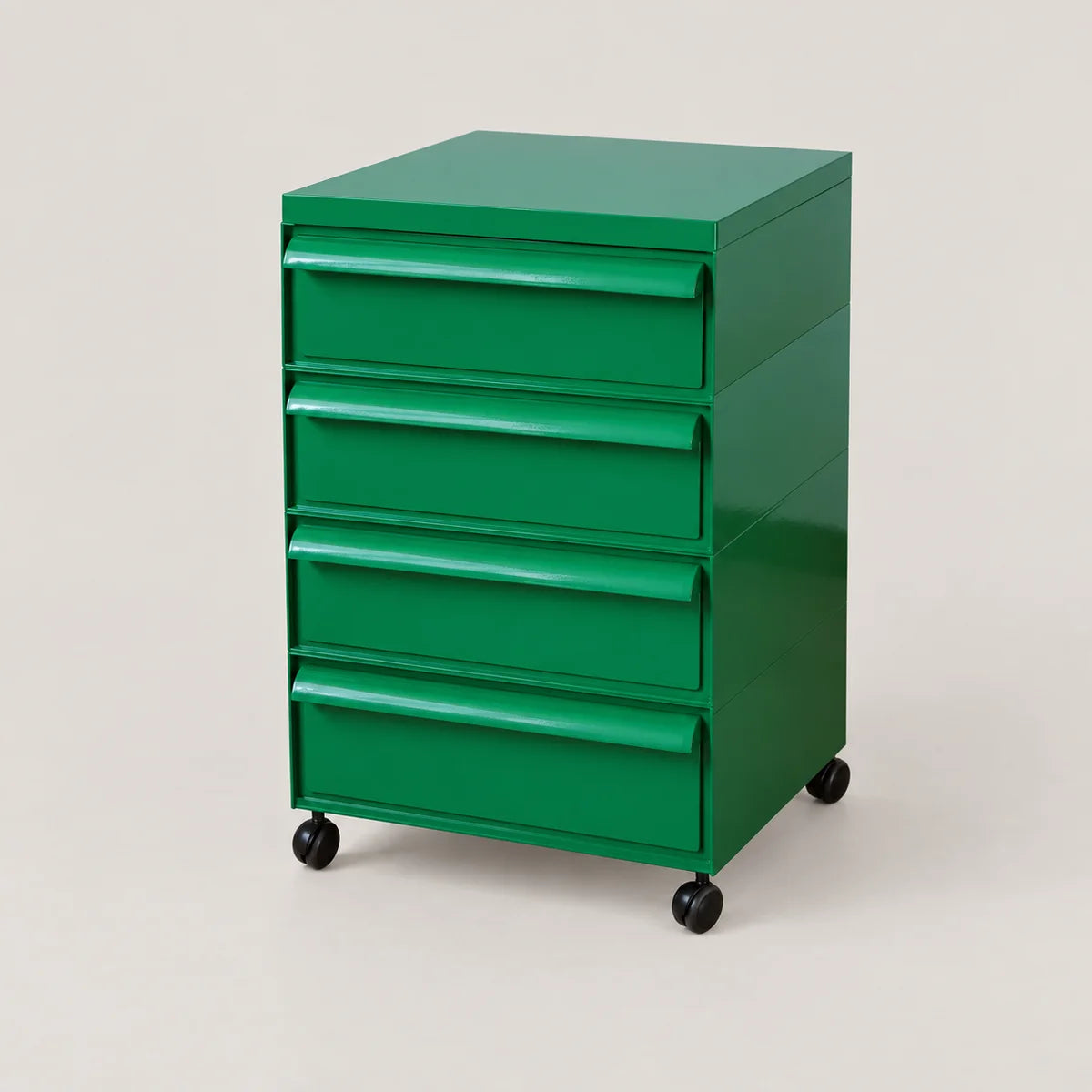 A green 5-drawer rolling storage cabinet with black caster wheels, photographed on a clean, light beige studio background.