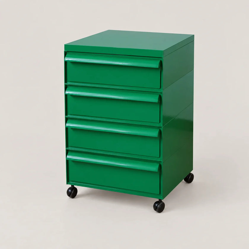 A green 5-drawer rolling storage cabinet with black caster wheels, photographed on a clean, light beige studio background.