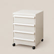 A white 5-drawer rolling file cabinet with black caster wheels, shown on a solid light beige background.