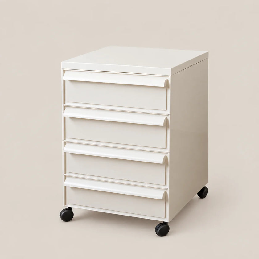 A white 5-drawer rolling file cabinet with black caster wheels, shown on a solid light beige background.
