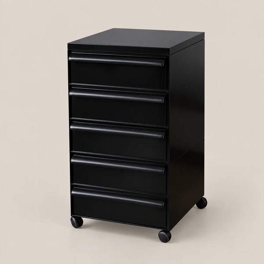A black 5-drawer rolling file cabinet with a glossy finish and casters, shown on a solid beige background.