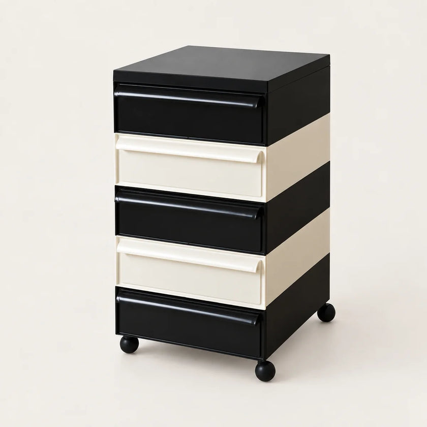 A 5-drawer rolling storage cabinet with a black and cream striped design, featuring black drawer fronts and handles, cream drawer sides, and black caster wheels, shown on a light beige background.