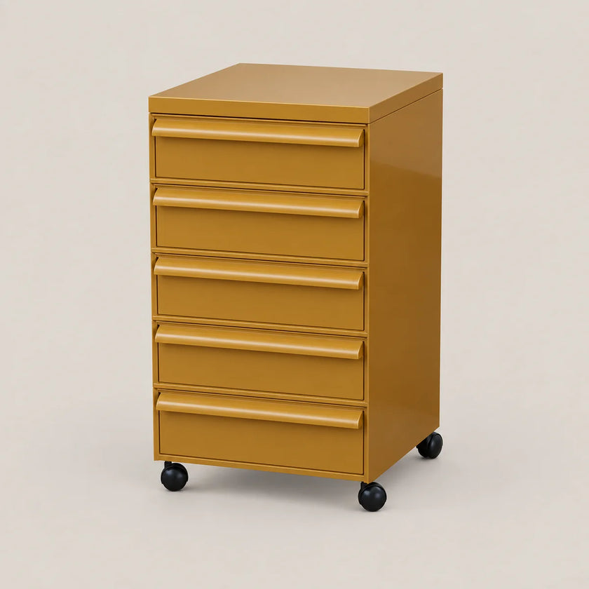 A six-drawer rolling file cabinet in a glossy mustard yellow finish with black caster wheels, shown on a plain light beige studio background.