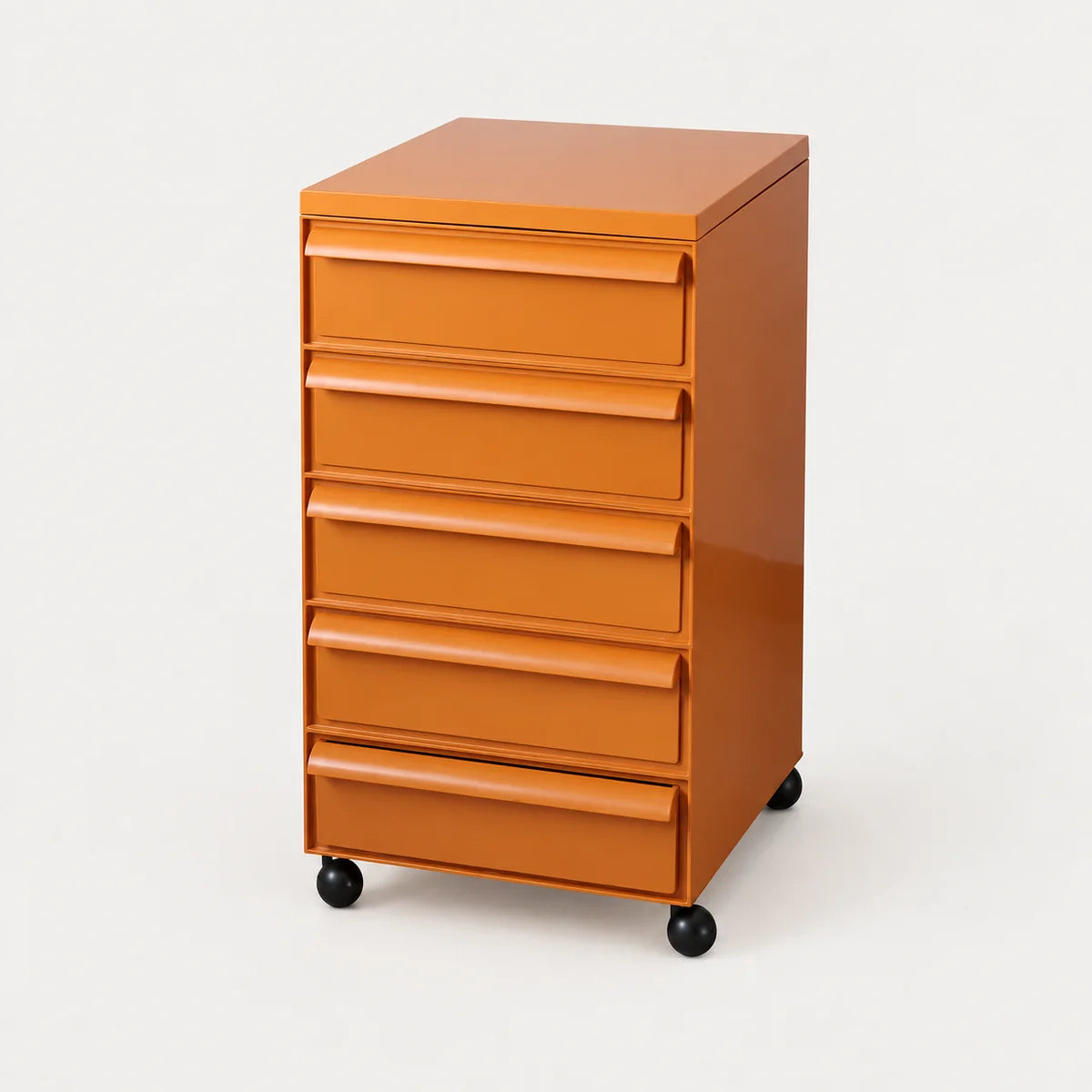 An orange rolling file cabinet with six drawers and black caster wheels, photographed on a clean white background.