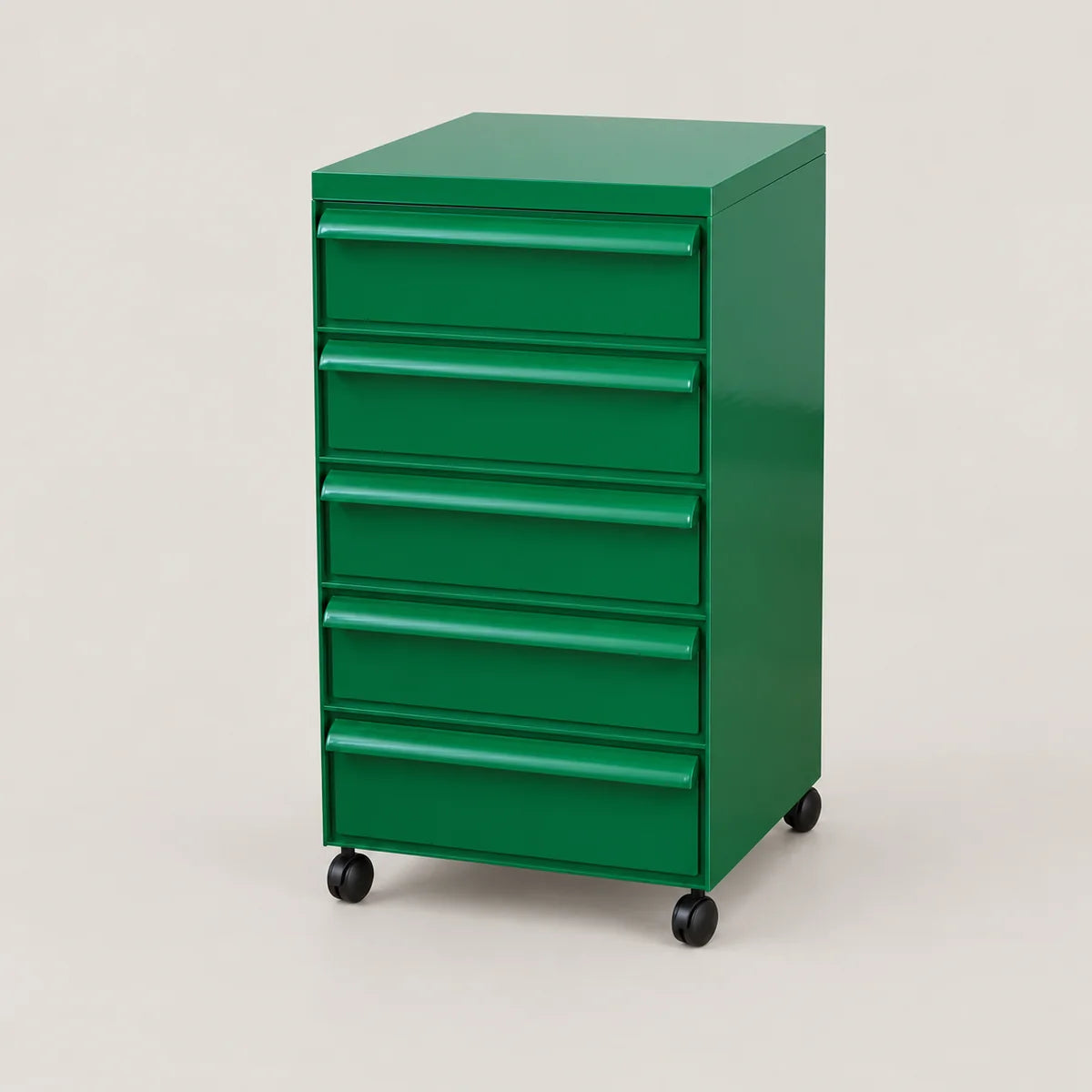 A green 5-drawer rolling file cabinet with black caster wheels, photographed on a neutral light gray studio background.
