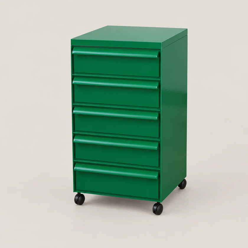 A green 5-drawer rolling file cabinet with black caster wheels, photographed on a neutral light gray studio background.