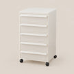 A white 5-drawer rolling storage cabinet with black caster wheels, shown on a solid beige background.