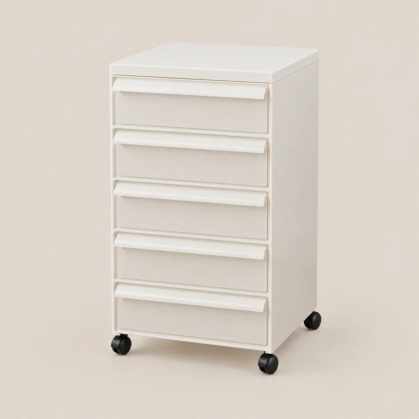 A white 5-drawer rolling storage cabinet with black caster wheels, shown on a solid beige background.