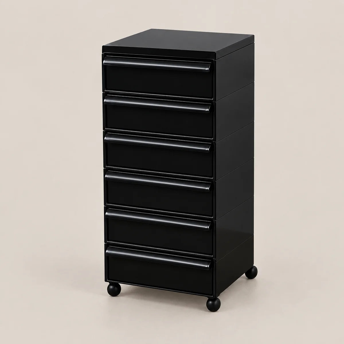 A black 6-drawer rolling storage cabinet with a glossy finish and black caster wheels, shown on a solid light beige background.