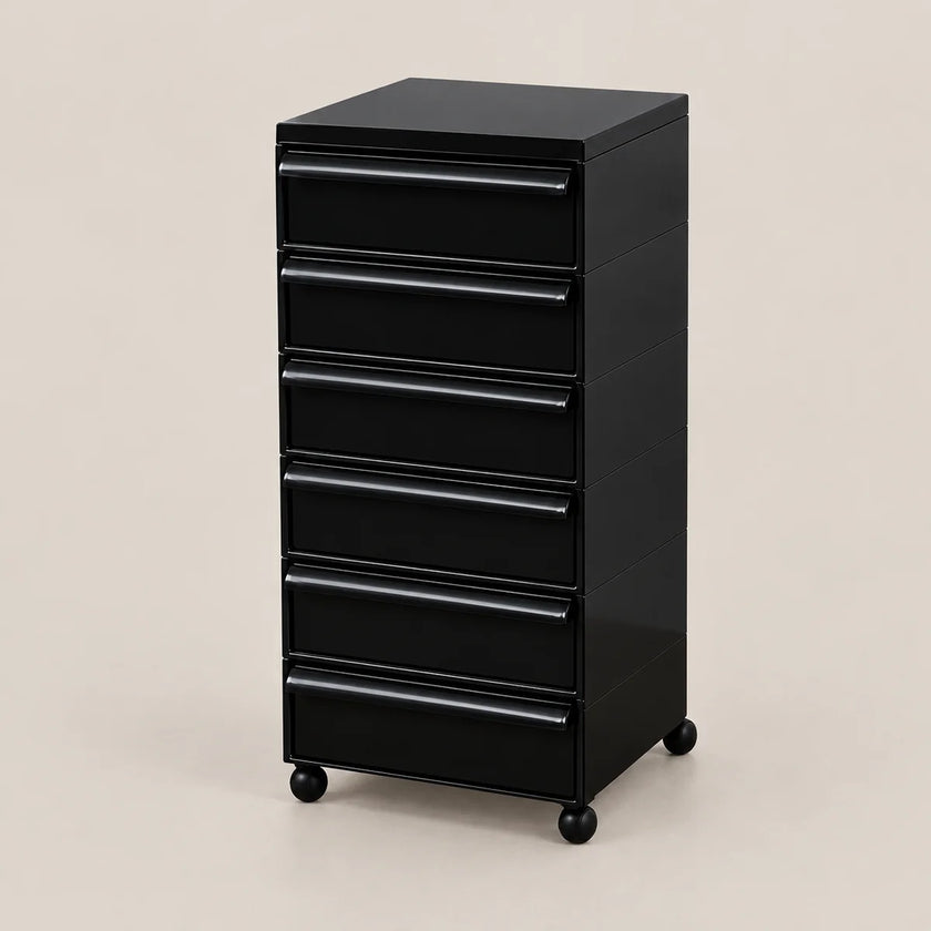 A black 6-drawer rolling storage cabinet with a glossy finish and black caster wheels, shown on a solid light beige background.