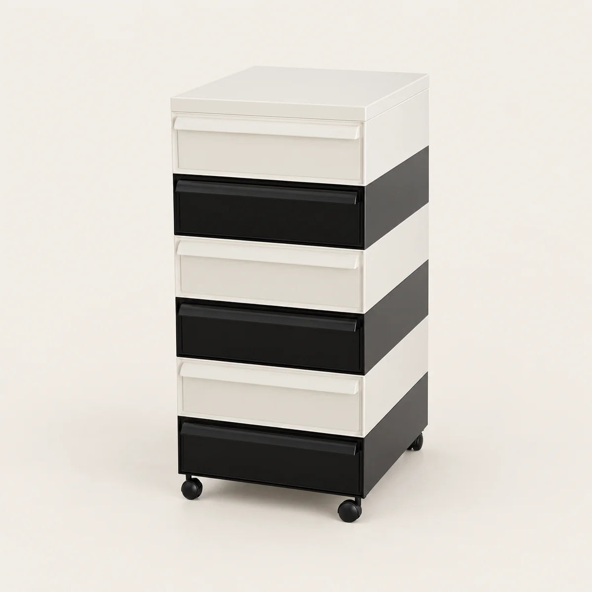 A 6-drawer rolling storage cabinet with a modern striped design in white and black, featuring a white top surface and black caster wheels, shown on a light beige studio background.