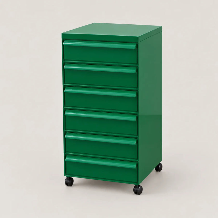 A green 6-drawer rolling tool cabinet with black caster wheels, shown on a light beige studio background.