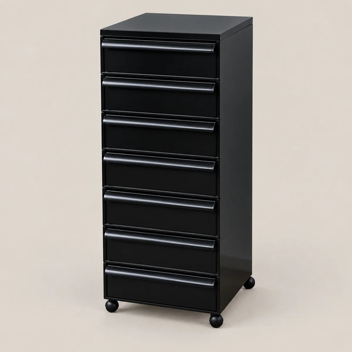 A black six-drawer rolling file cabinet with a glossy finish and caster wheels, shown on a solid light beige background.