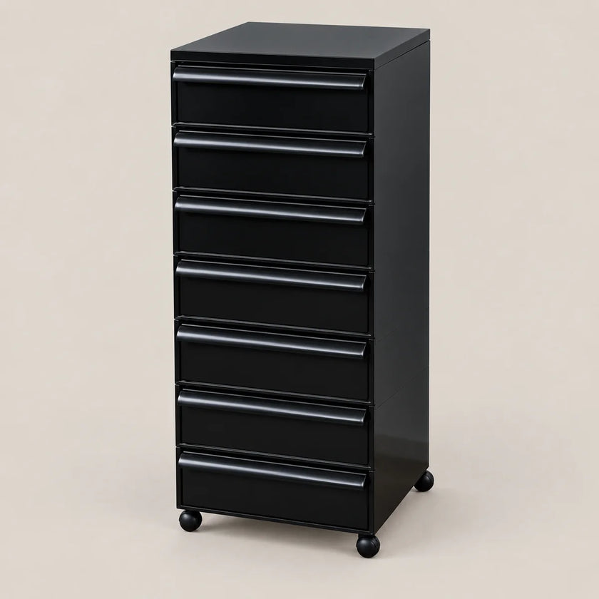 A black six-drawer rolling file cabinet with a glossy finish and caster wheels, shown on a solid light beige background.
