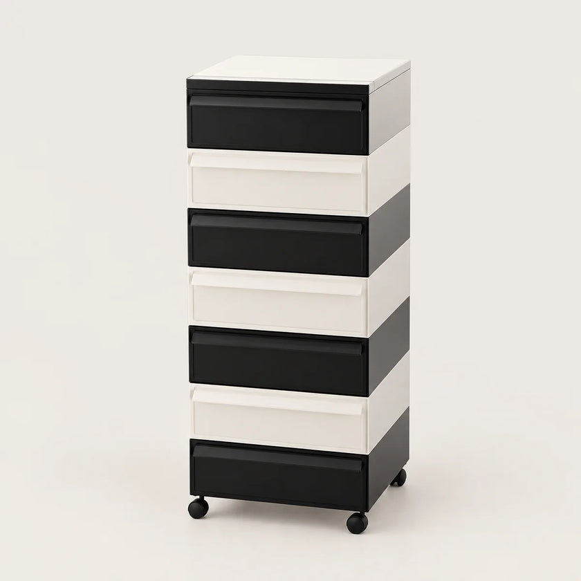 A 7-drawer rolling storage cabinet with a modern striped design in black and white, featuring black drawer fronts and white side panels, on a light gray background.