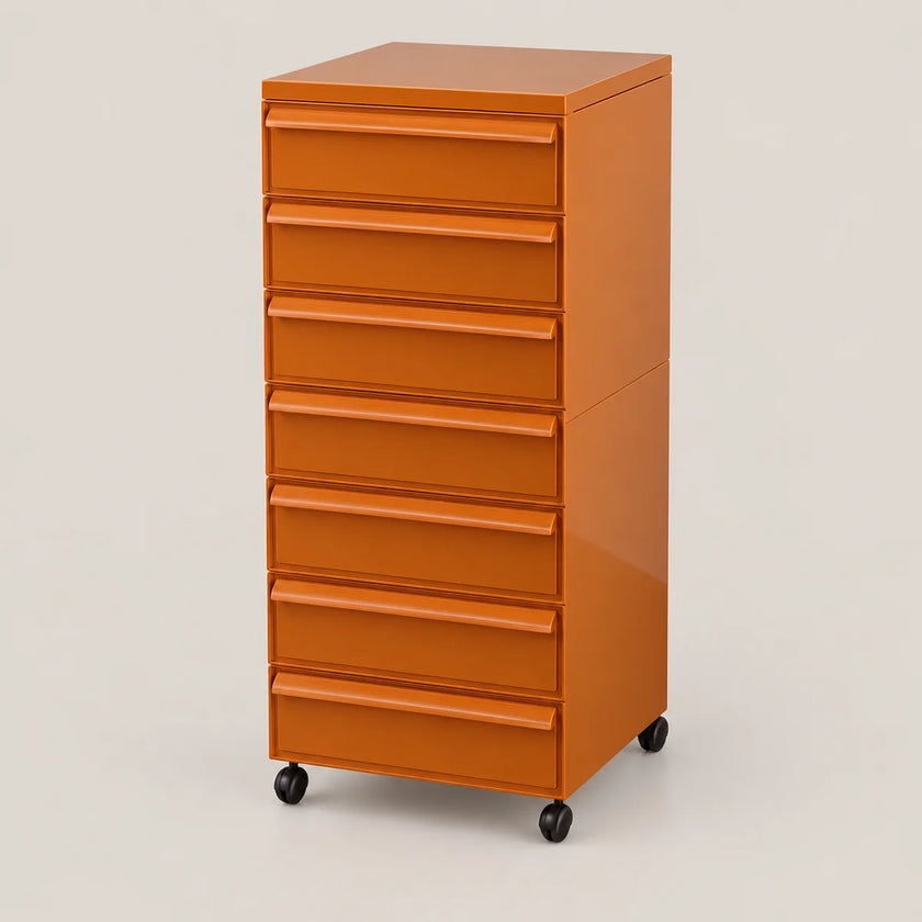 An orange rolling file cabinet with eight drawers and black caster wheels, photographed on a clean light gray studio background.