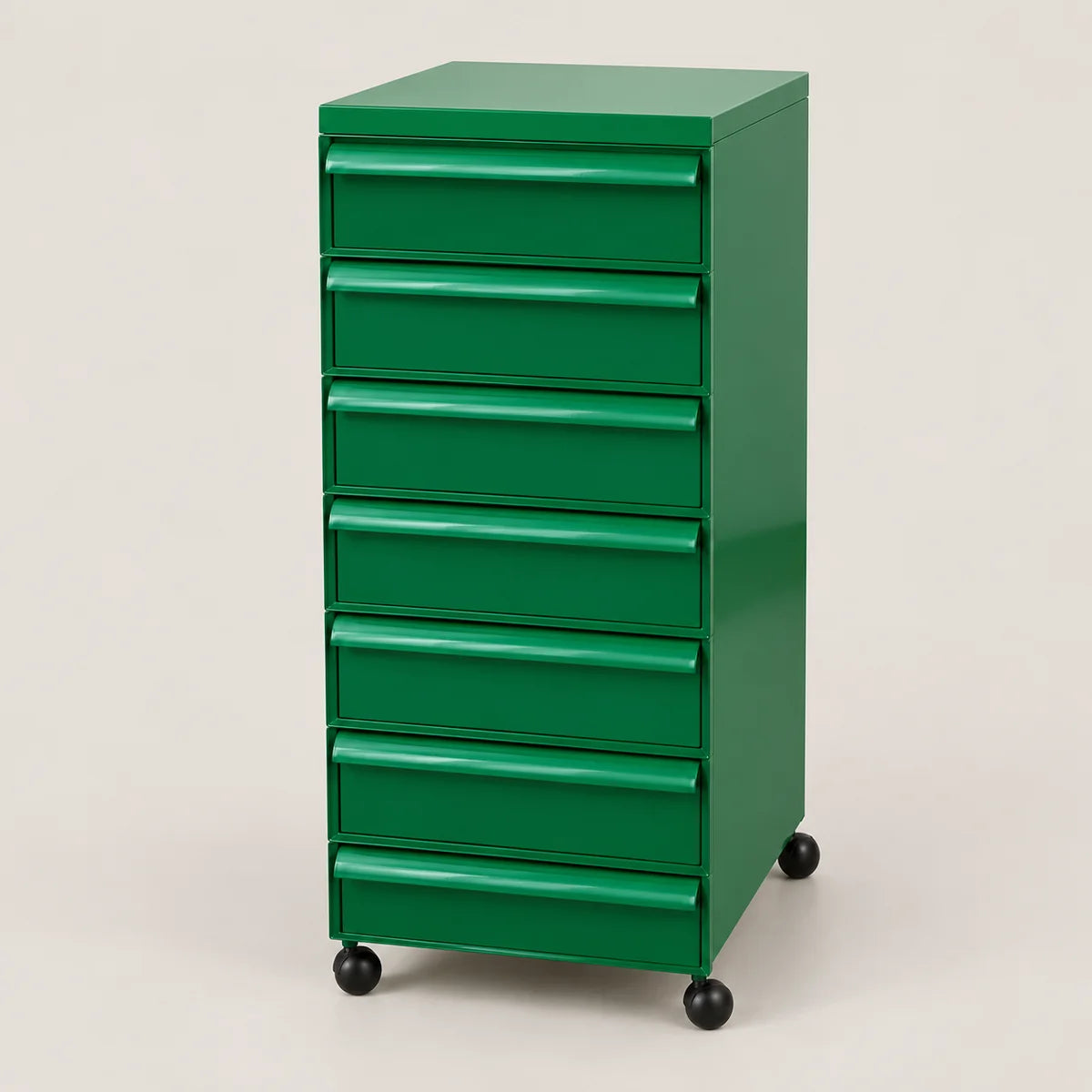 A green 7-drawer rolling file cabinet with black caster wheels, photographed on a clean, light beige studio background.