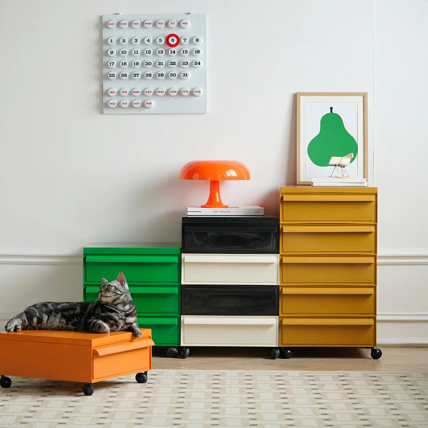 Colorful storage drawers with a cat on an orange box in a room setting.