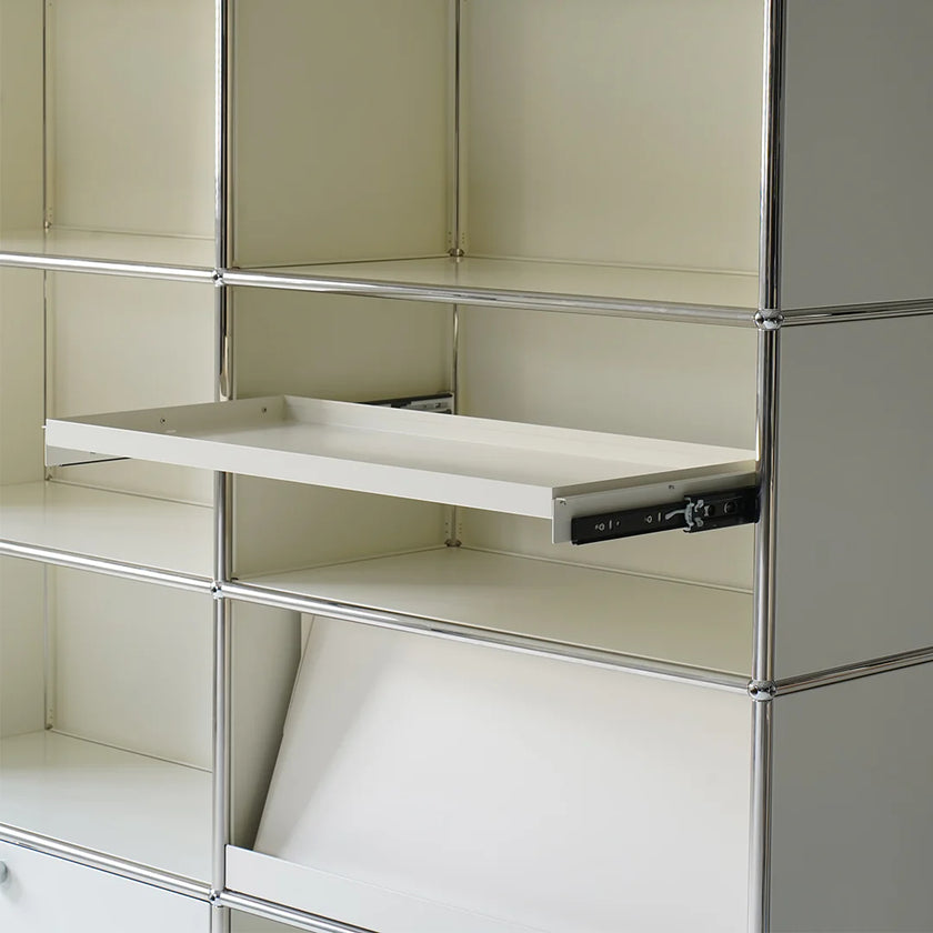 Metal shelving unit with a drawer pulled out