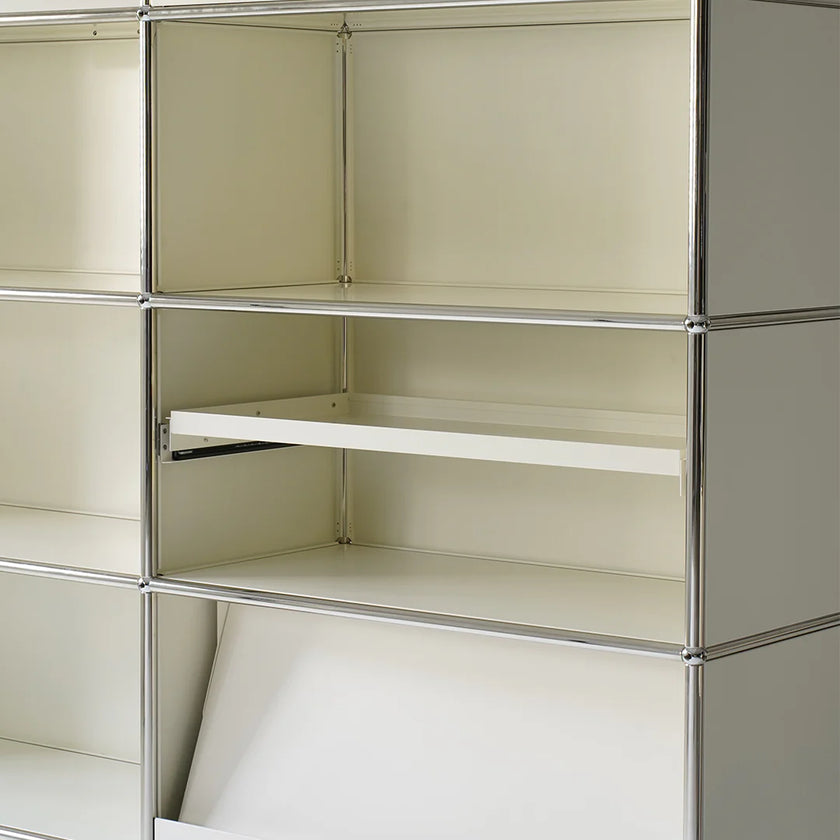 Modular shelving unit with beige panels and metal frames