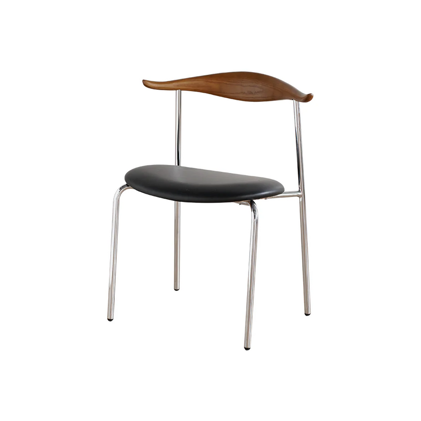 Chair with black seat and wooden backrest on a white background