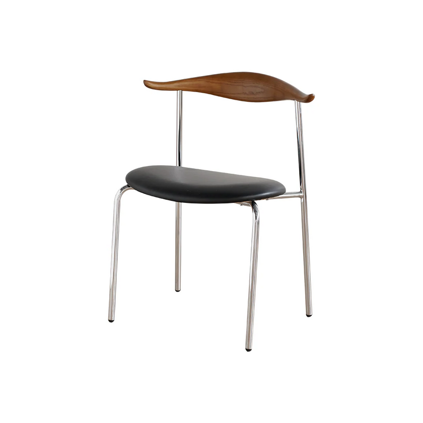 Chair with black seat and wooden backrest on a white background